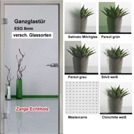 Glastür versch. Glassorten inkl. Zarge Echtholz rund, Beschläge, Griff